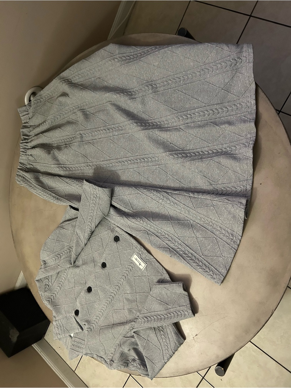 Girls' Double-Breasted Textured Light Gray Coat & Skirt Set